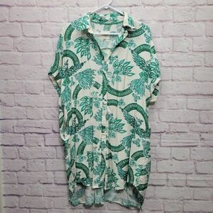 Umgee Tropical Printed Button Front Shirt Dress Sz M Botanical Travel Resortwear